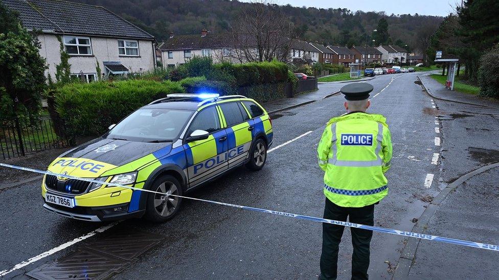 Police officer and police vehicle at the scene