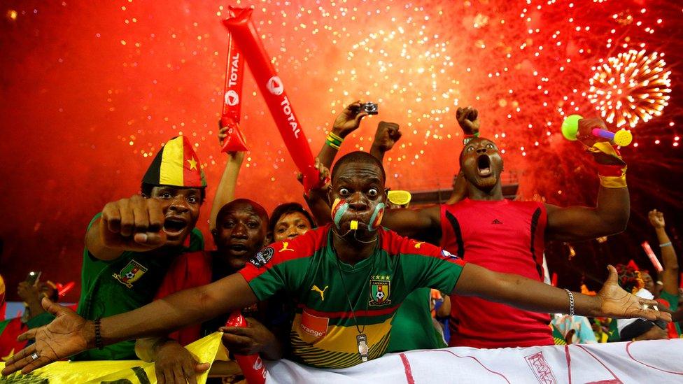 Excited Cameroonian Indomitable Lions football fans in Libreville, Gabon - Sunday 5 February 2017