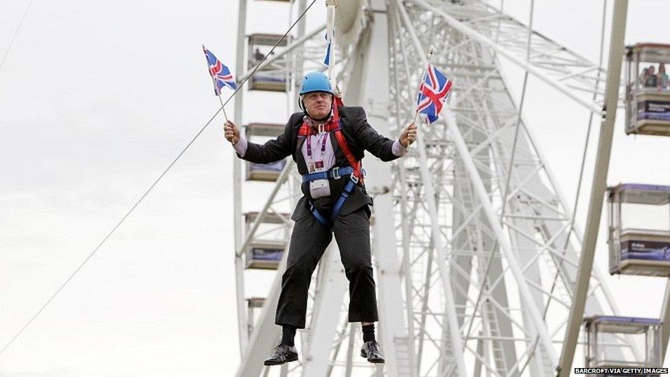 Boris Johnson hanging on a zip wire in 2012