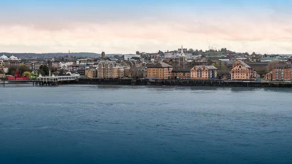 Overlooking the River Thames, with one of the ferry docks