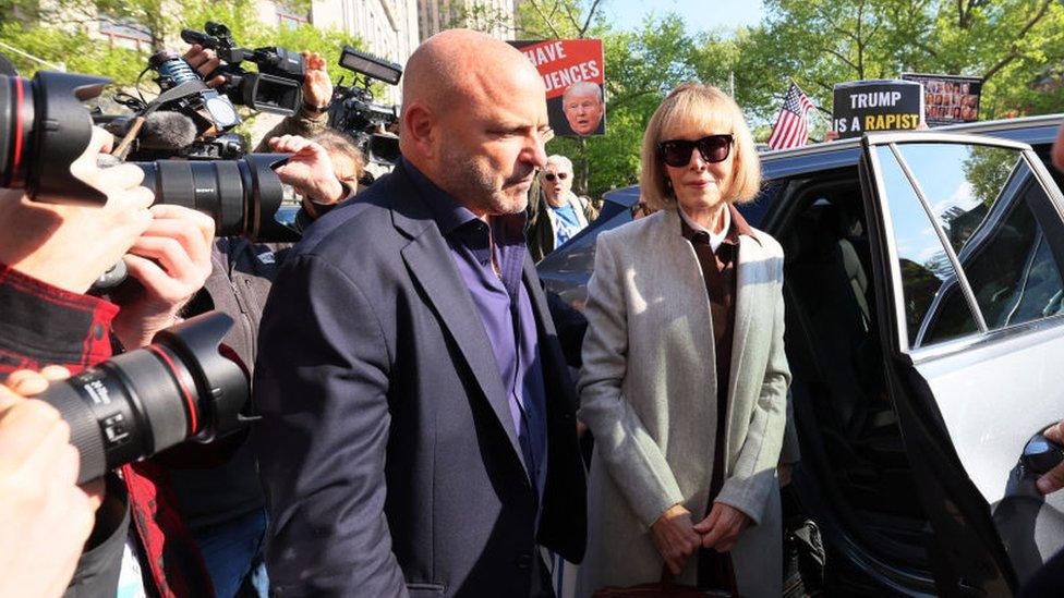 Magazine columnist E Jean Carroll arrives for the first day of her civil trial against former President Donald Trump at a Manhattan Federal Court on April 25, 2023 in New York City