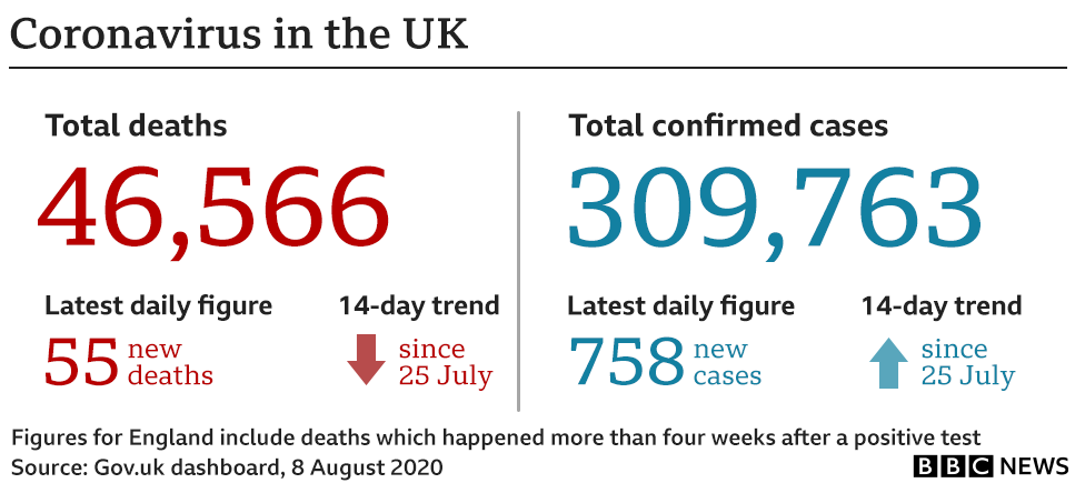 Graphic showing number of coronavirus deaths and cases in the UK