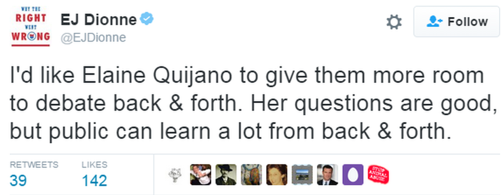 Tweet saying: "I'd like Elaine Quijano to give them more room to debate back and forth. Her questions are good but the public can learn a lot from back and forth."