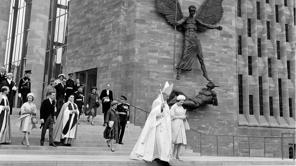 Queen Elizabeth II and Princess Margaret attend the consecration of the new Coventry Cathedral, 25 May 1962