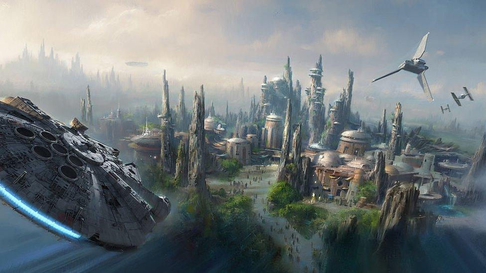 The Millennium Falcon flying towards Batuu.