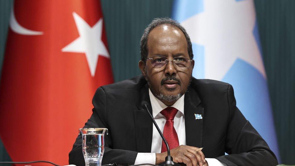 President of Somalia Hassan Sheikh Mohamud and Turkish President Recep Tayyip Erdogan (not seen) attend a signing ceremony of the agreements between two countries in Ankara, Turkiye on July 06, 2022