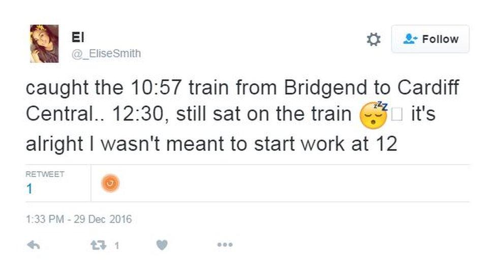 Tweet from a rail passenger about delays on the line in Cardiff