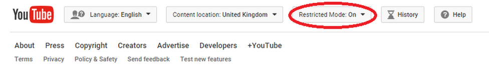 screenshot of YouTube bar showing how to turn on restricted mode