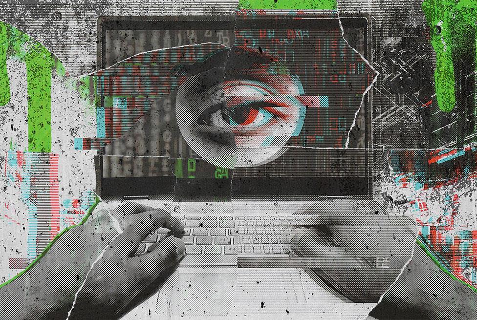 A piece of art showing a collage of a laptop with an eye on the screen