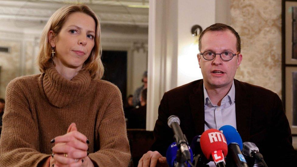 Jean Der Agopian (left), press relations officer, and Benjamin Blanchard, director general of the French charity SOS Chretiens d'Orient (Christians of the Middle East) give a press conference in Paris on 24 January 2020