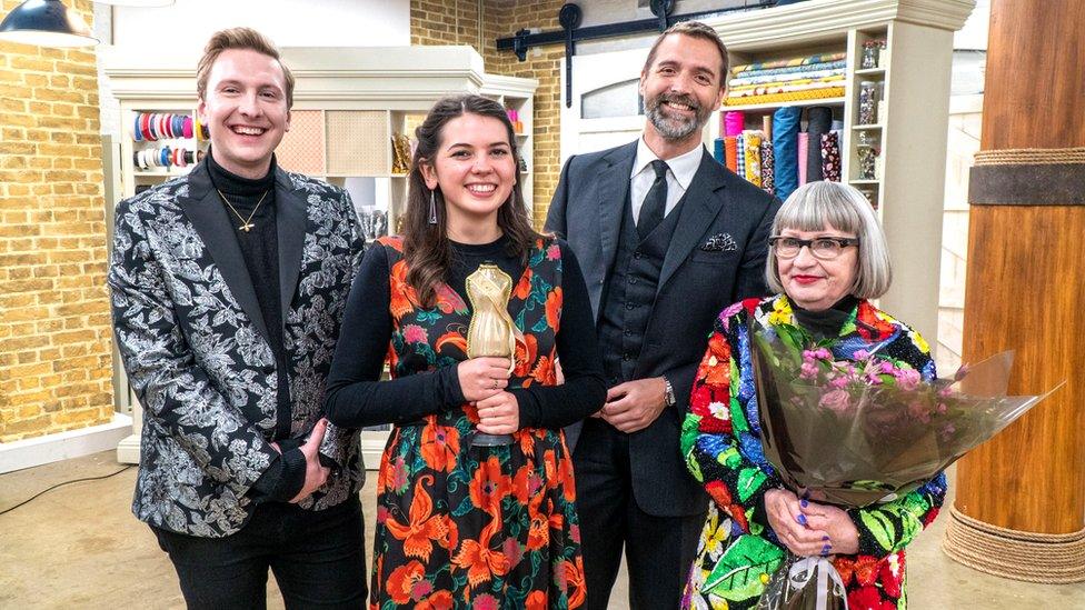 Serena with presenter Joe Lycett and judges Esme Young and Patrick Grant