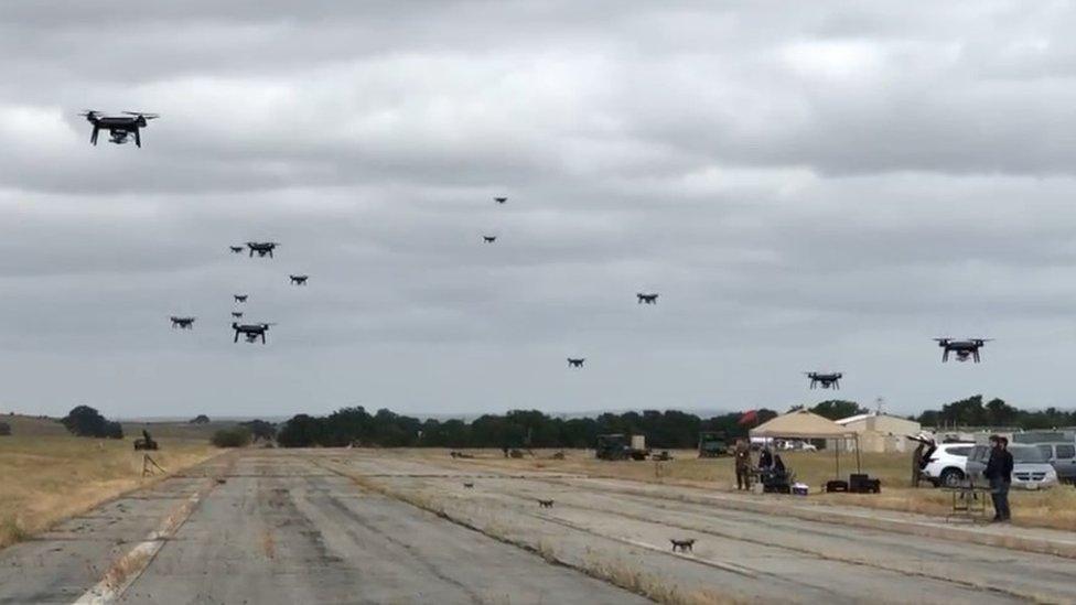 Drones landing on airstrip