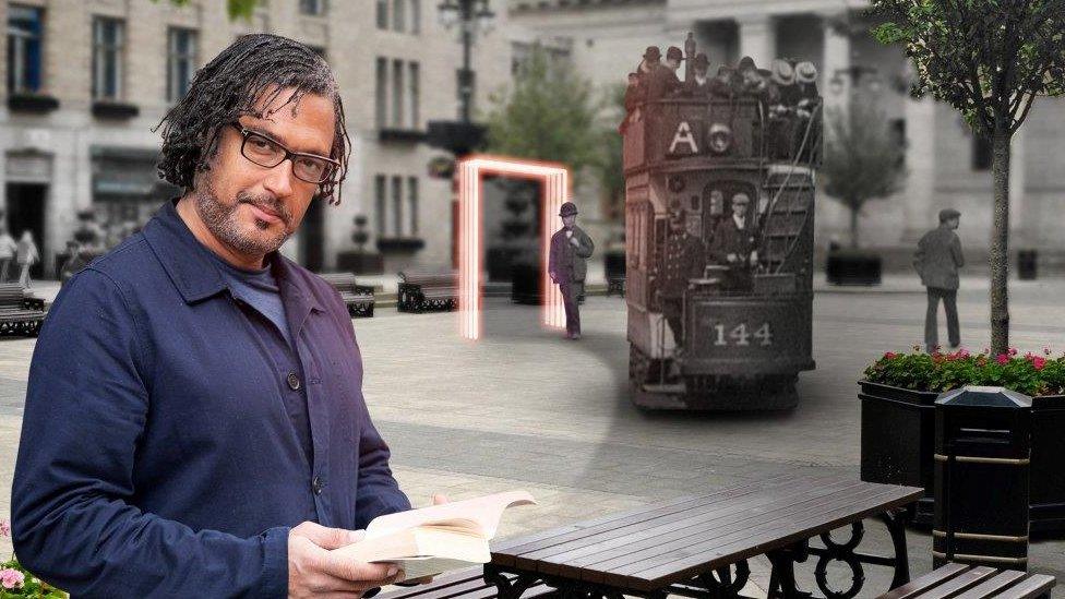 David Olusoga beside an artist's impression of StoryTrails