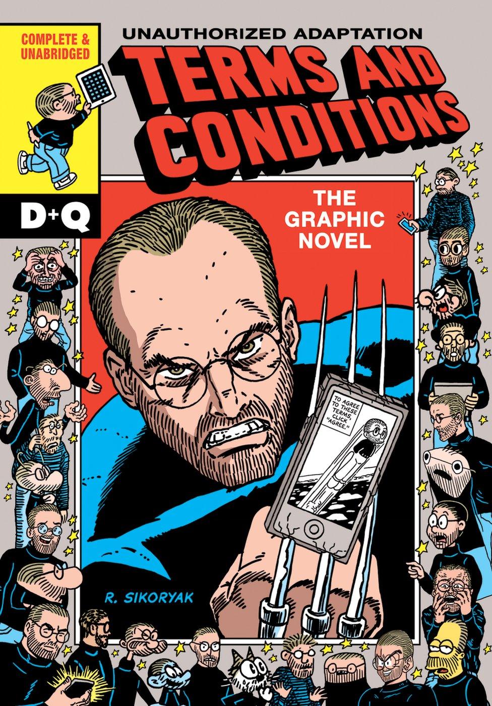 The front cover of 'Terms & Conditions', featuring a cartoon Steve Jobs