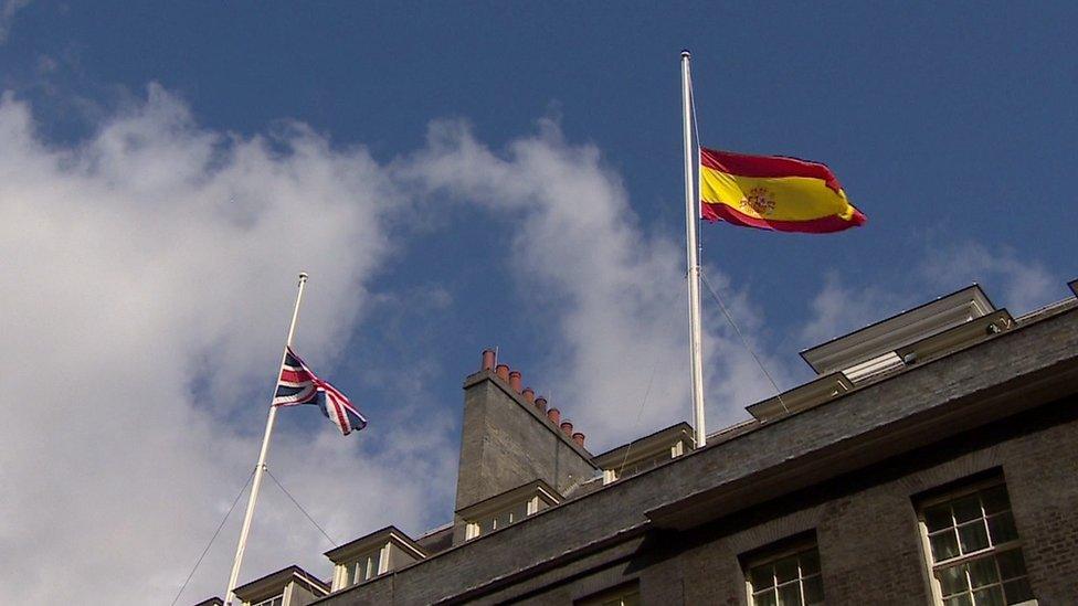 UK and Spanish flags flying at half mast over Downing Street