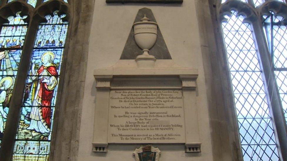 Memorial stone to John Gordon in St Peter's Church in Dorchester