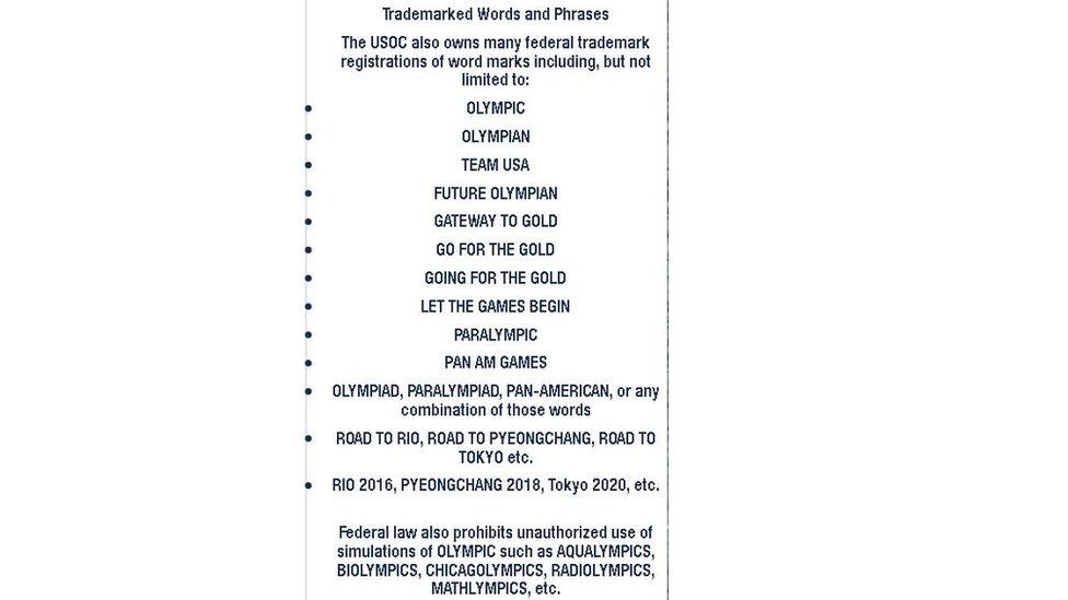 Screengrab of trademarked phrases from Team USA website