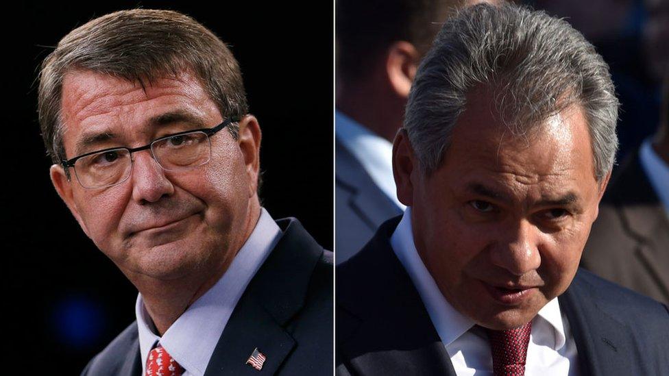 Secretary of Defence Ashton Carter and Russia's Defence Minister Sergei Shoigu