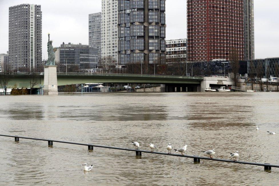 Floodwaters overflow the banks of the Seine river near the Parisian Liberty Statue in Paris, France, 27 January 2018