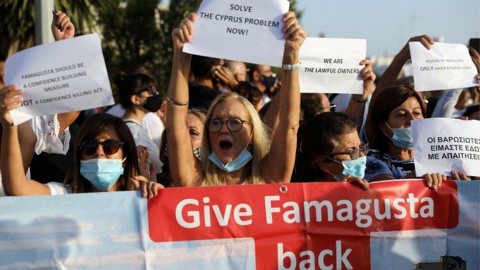 Greek Cypriots protest at Deryneia checkpoint after Turkish Cypriot authorities opened up part of a fenced off area of Varosha