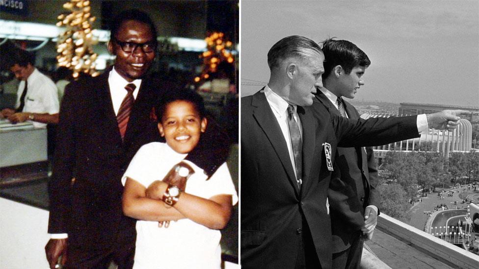 Fathers Barack Obama Sr with Barack in 5th grade (l); George Romney with Mitt Romney at the World's Fair (r)