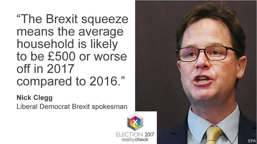 Nick Clegg saying: The Brexit squeeze means the average household is likely to be £500 or worse off in 2017 compared to 2016