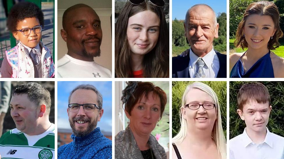 Top row left to right: Shauna Flanagan Garwe and her father Robert Garwe, Leona Harper, Hugh Kelly, Jessica Gallagher. Bottom row left to right: Martin McGill, James O'Flaherty, Martina Martin, Catherine O'Donnell and son James Monaghan