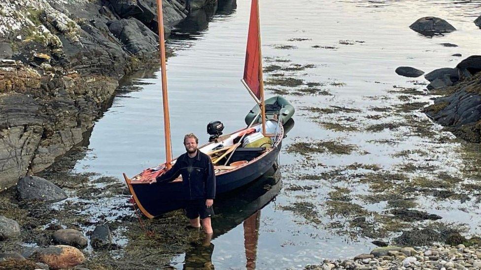 Patrick Wells sailing in Scotland with a boat he built