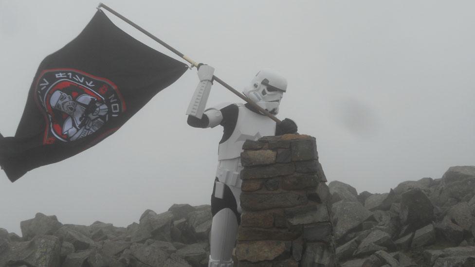 Ashley Broomhall in stormtrooper costume during walk up Scafell Pike