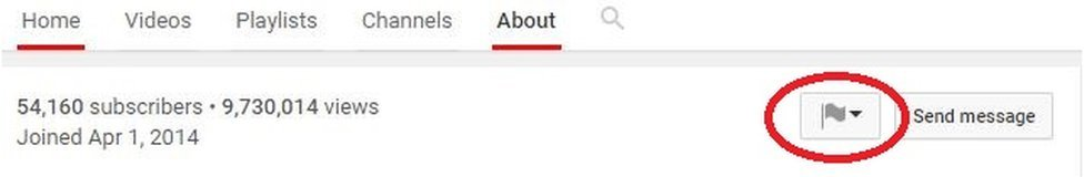 Highlighted: the flag icon on a YouTube account page which leads to a form where users can report violations