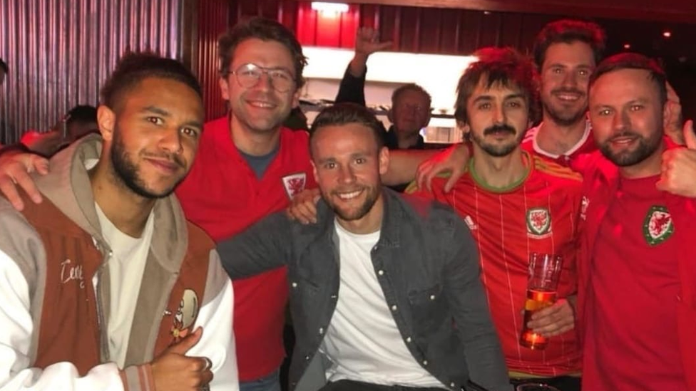 Matt with his friends alongside Wales players Tyler Roberts and Chris Gunter