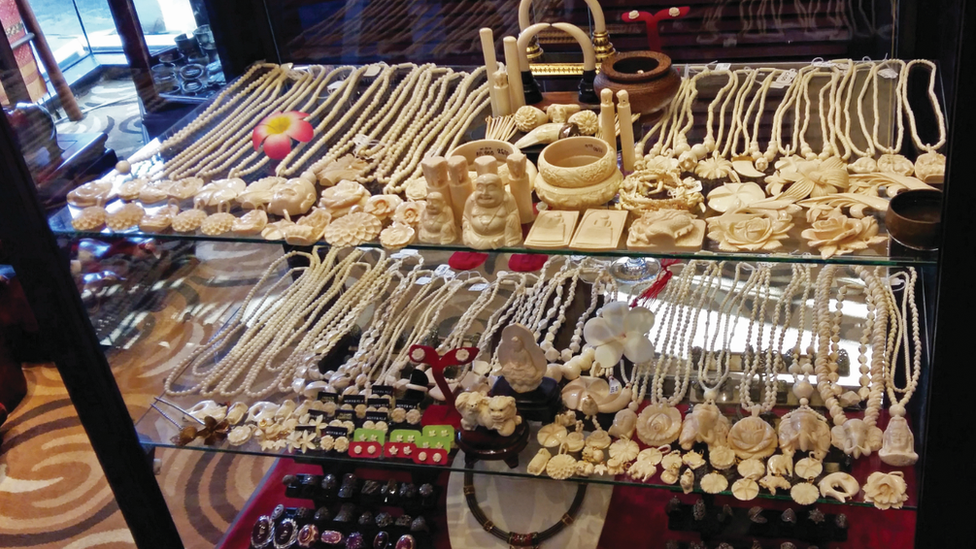 Ivory items on sale in a shop in Laos