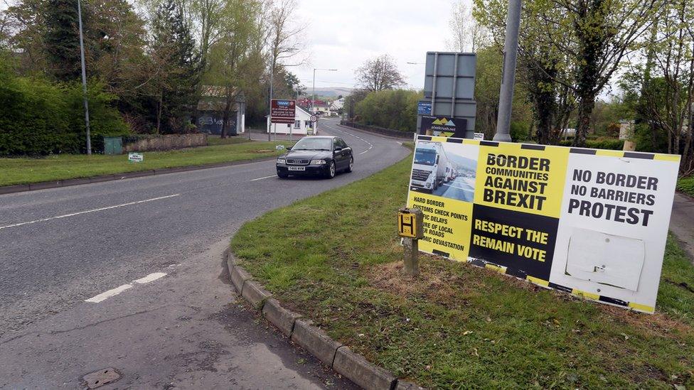 Brexit posters at the border crossing at Muff in Co Donegal near Lough Foyle, on the border with Northern Ireland and Donegal in the Republic of Ireland. April 26, 2017