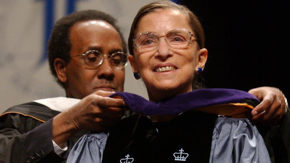 Ruth Bader Ginsburg smiles as she receives an honorary degree from the John Jay College of Criminal Justice on the institution's 40th anniversary, in New York