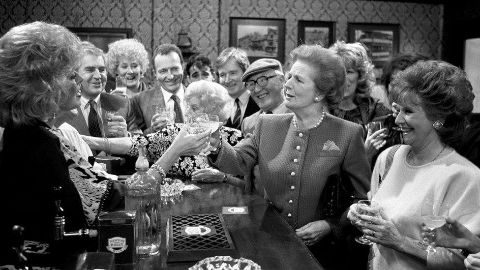 Mrs Thatcher toasting Julie Goodyear and the cast of Coronation Street in January 1990