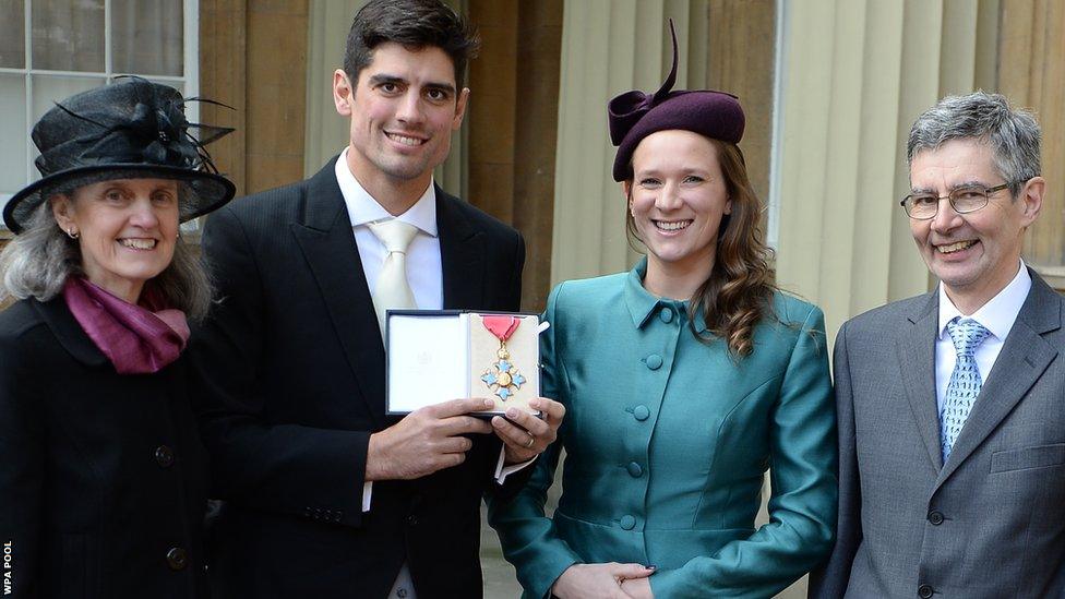 Just three days before he steps down as Test captain, Cook is joined by wife Alice, father Graham and mother Stephanie after being awarded a CBE by the Prince of Wales at Buckingham Palace