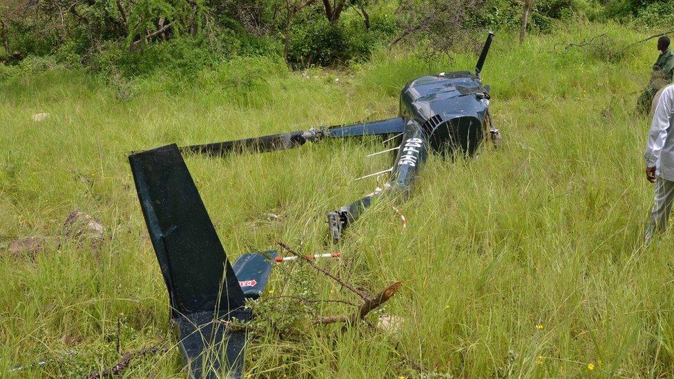 The wreckage of Roger Gower's helicopter