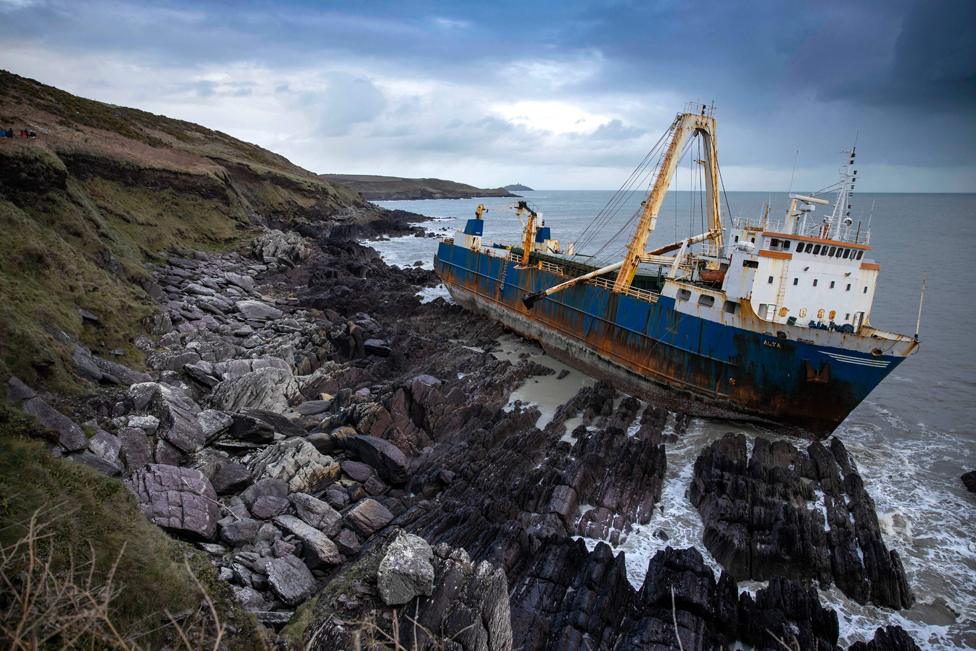 The abandoned ghost ship Alta stuck on the rocks of the Irish coast