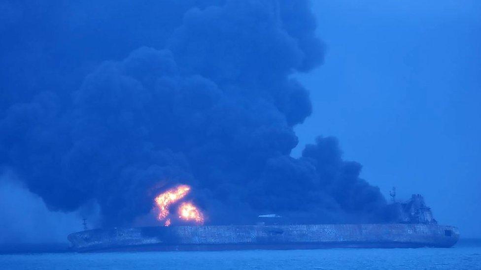 Korean coast guard handout shows the fire on the Sanchi off China's east coat