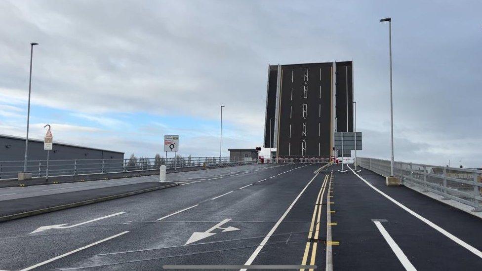 Herring Bridge is the open position, viewed from South Denes Road.