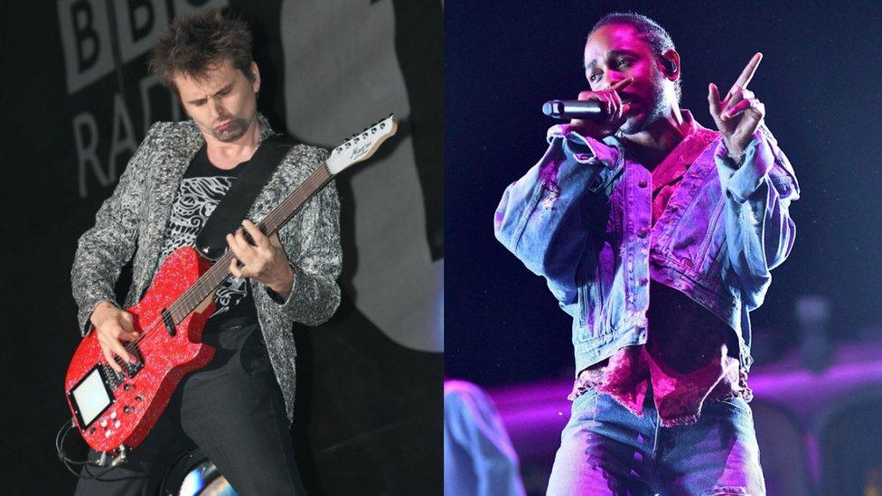 Matt Bellamy and Kendrick Lamar on stage performing