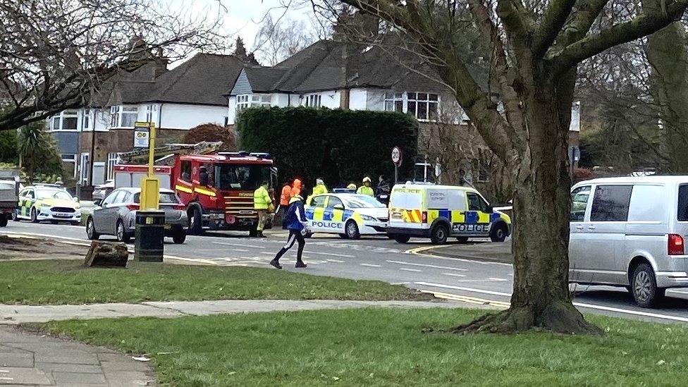 Emergency vehicles on Woolton Road near Black Woods