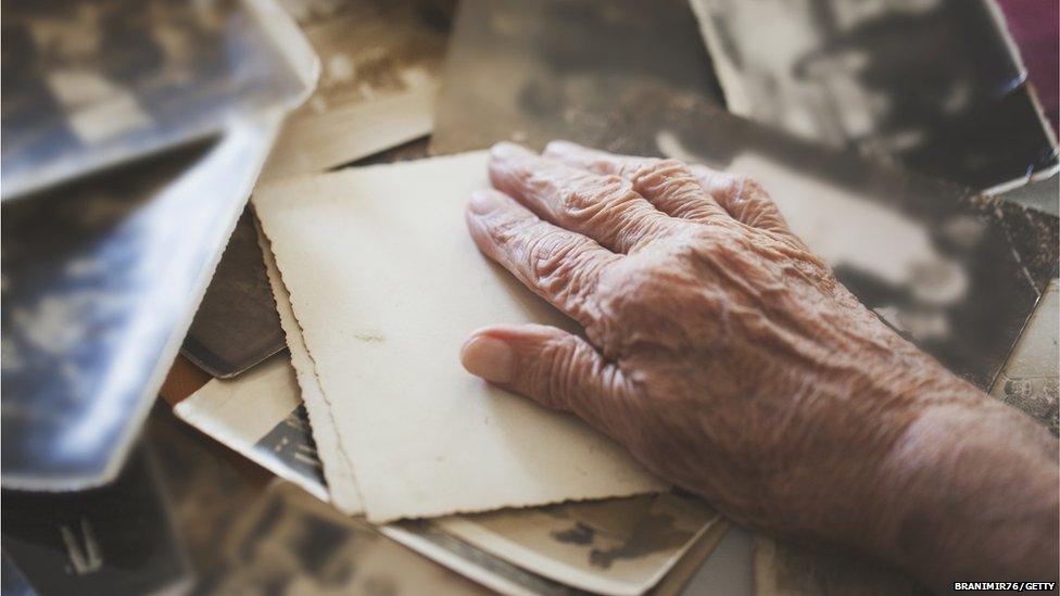 Hand with old photographs