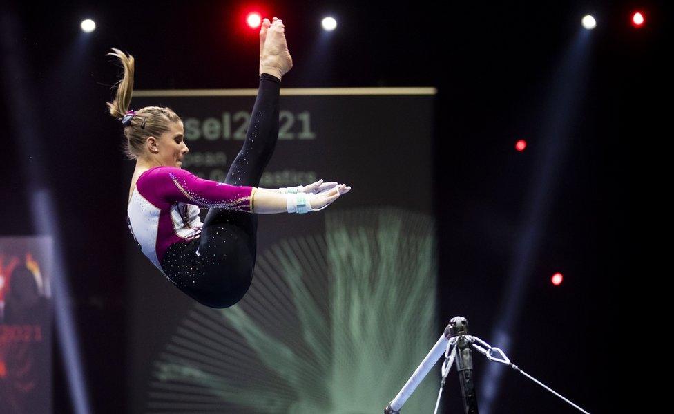 Germany's Elisabeth Seitz performs on the uneven bars during the women's all-around final of the 2021 European Artistic Gymnastics Championships in Basel, Switzerland