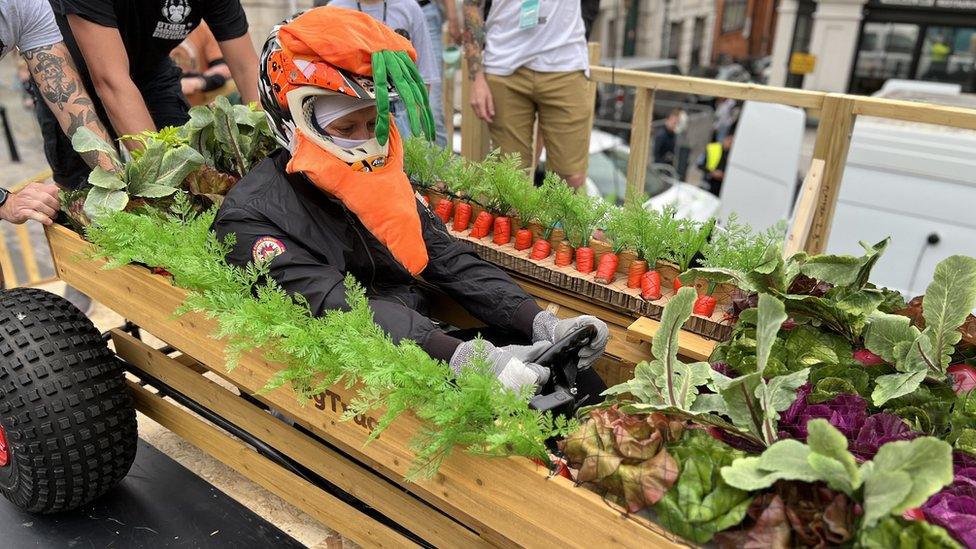 Kart decorated as a vegetable patch with the driver dressed as a carrot