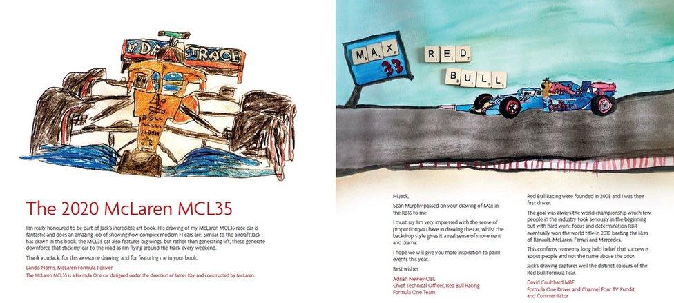 Two pages from the book showing Jack's drawing of Formula 1 cars by McLaren and Red Bull, with comments from Lando Norris, David Coulthard and Adrian Newey