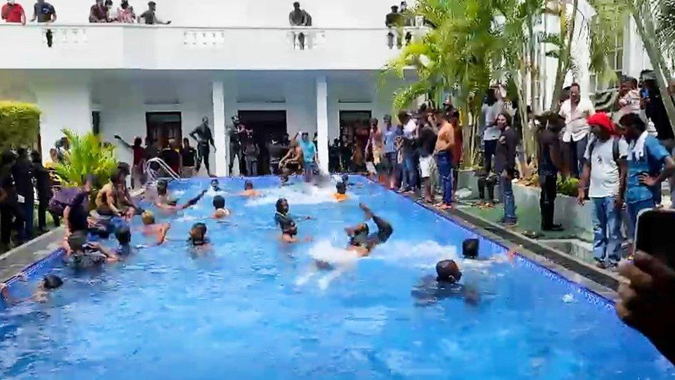 Protesters in the Sri Lankan president's pool