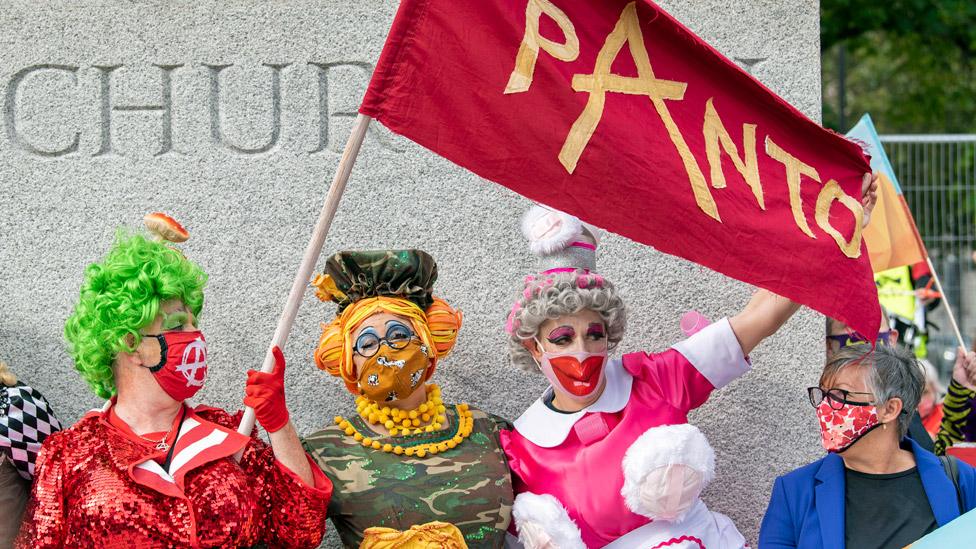 Pantomime dames marched through London with facemasks, as they joined fellow creatives in highlighting the plight facing the theatre industry and its workers, September 2020