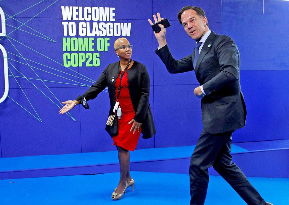 Prime Minister of the Netherlands Mark Rutte (right) arrives for the Cop26 summit at the Scottish Event Campus (SEC) in Glasgow on 1 November 2021