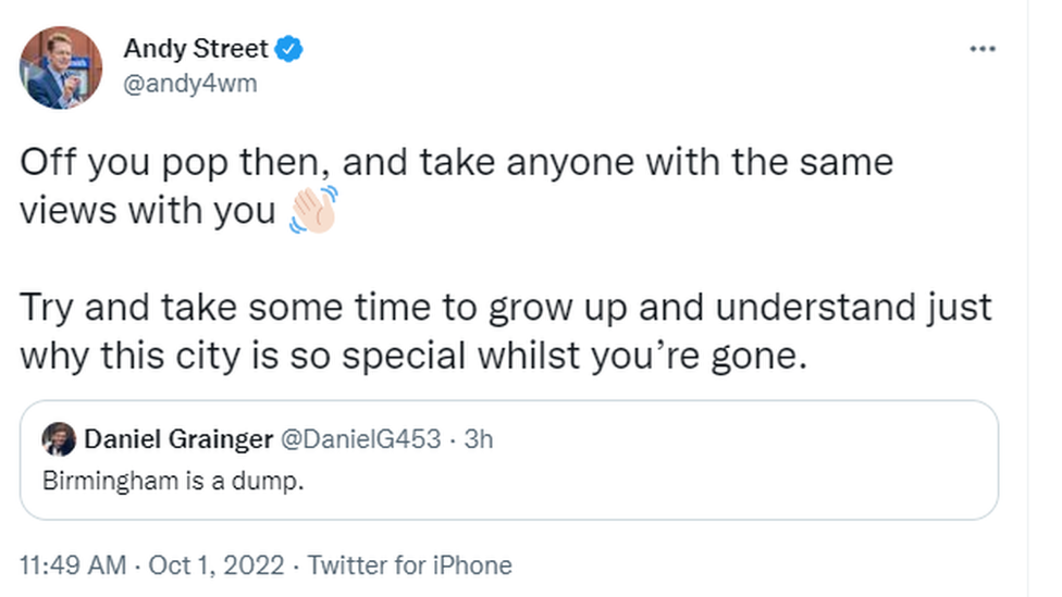 Andy Street responding to Daniel Grainger's tweet